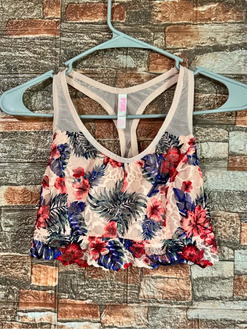 PINK Victoria's Secret Floral Mesh Racerback Crop Top - Pink/Blue/Red